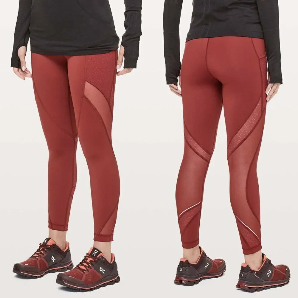 Lululemon dark sport red Run Smoothly mesh pocket nulux workout crop leggings